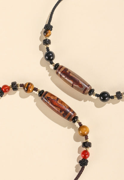 Natural Tibetan Dzi Agate Beaded Necklace｜Buddhist Mala｜Protective Energy Stone Handmade Jewelry