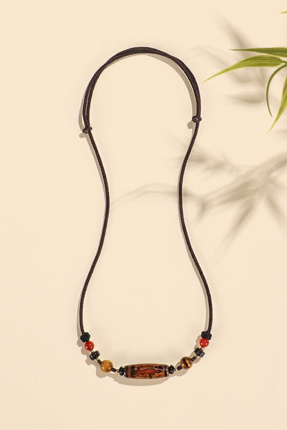 Natural Tibetan Dzi Agate Beaded Necklace｜Buddhist Mala｜Protective Energy Stone Handmade Jewelry