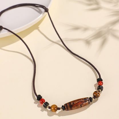 Natural Tibetan Dzi Agate Beaded Necklace｜Buddhist Mala｜Protective Energy Stone Handmade Jewelry
