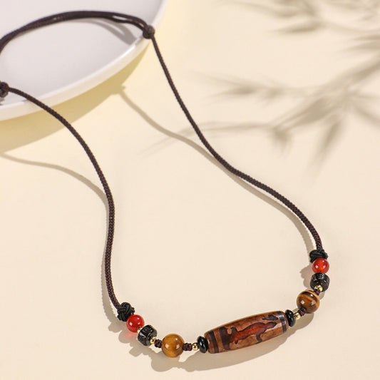Natural Tibetan Dzi Agate Beaded Necklace｜Buddhist Mala｜Protective Energy Stone Handmade Jewelry