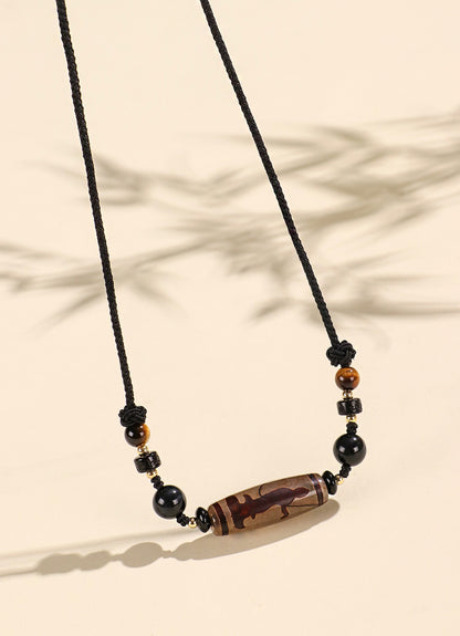Natural Tibetan Dzi Agate Beaded Necklace｜Buddhist Mala｜Protective Energy Stone Handmade Jewelry
